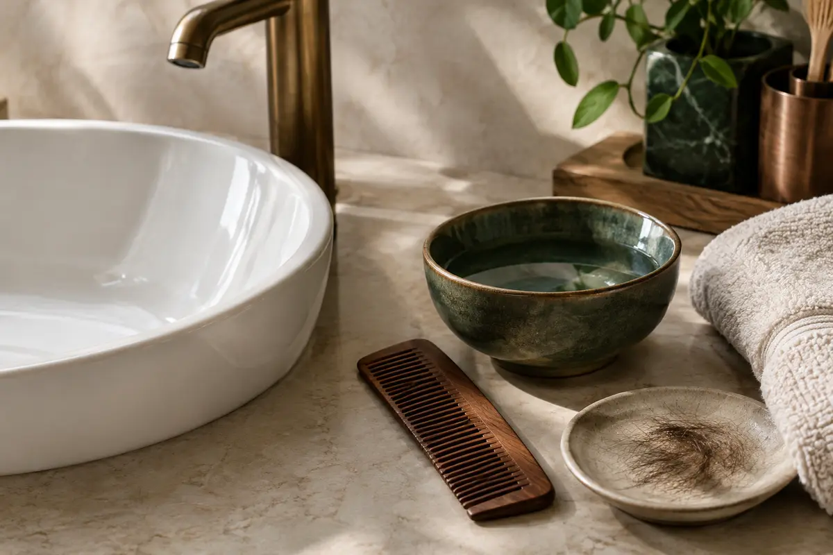 Serviette et peigne près d’un lavabo, illustrant le rinçage soigneux d’un soin pour barbe.