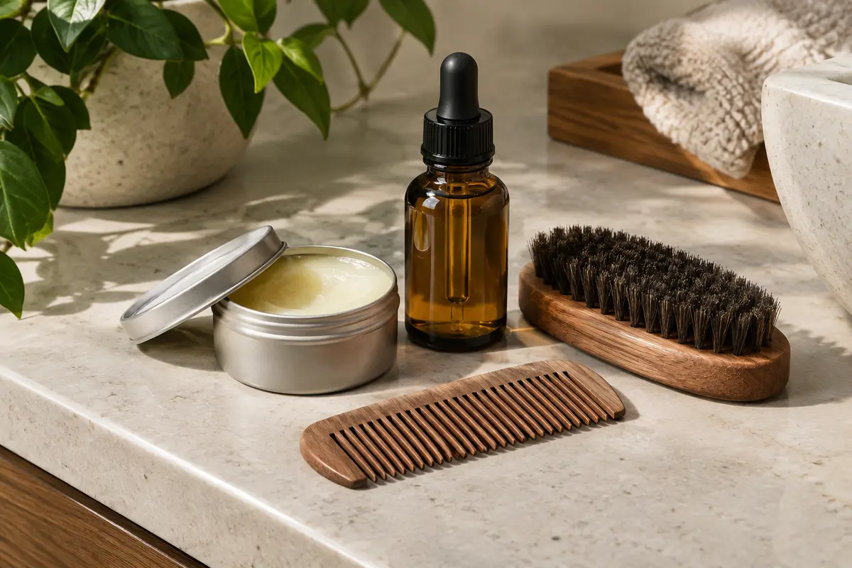 Baume et huile à barbe posés près d’un peigne et d’une brosse sur une tablette