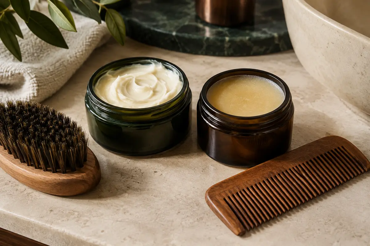 Pots de beurre et de baume à barbe ouverts, avec une brosse et un peigne en bois