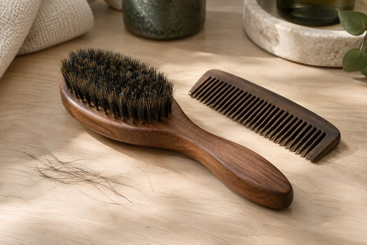 Brosse à barbe en bois et peigne posés sur une surface claire, dans une salle de bain épurée.