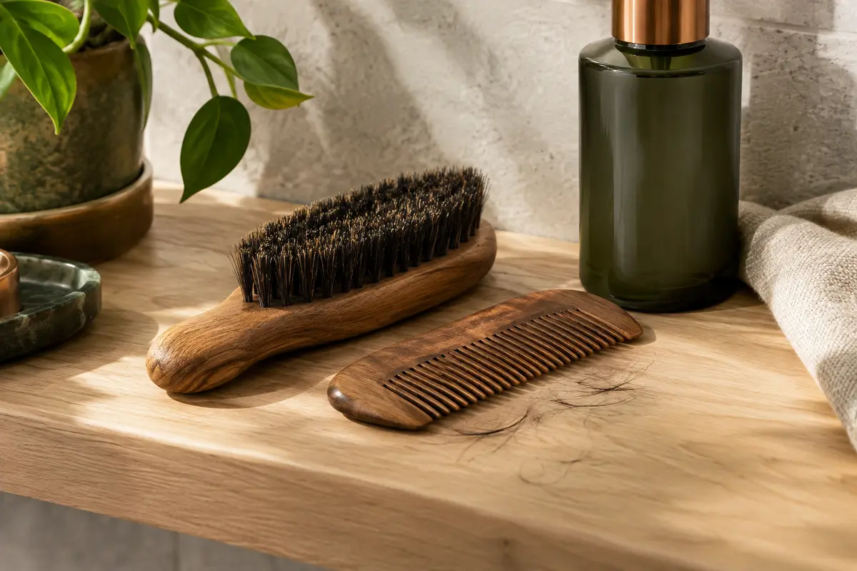 Brosse à barbe et peigne posés côte à côte près d’un flacon de soin sur une tablette.