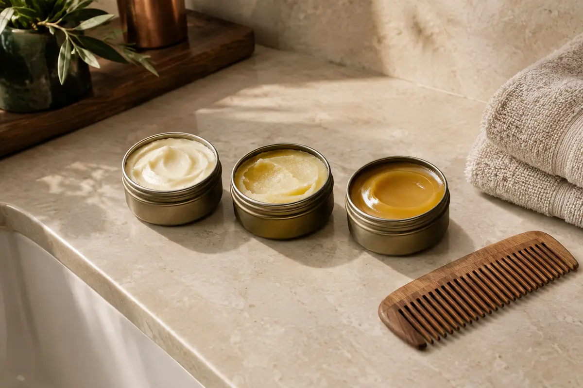Trois pots de cire à barbe ouverts aux textures différentes, avec un peigne en bois, sur un plan en pierre claire.