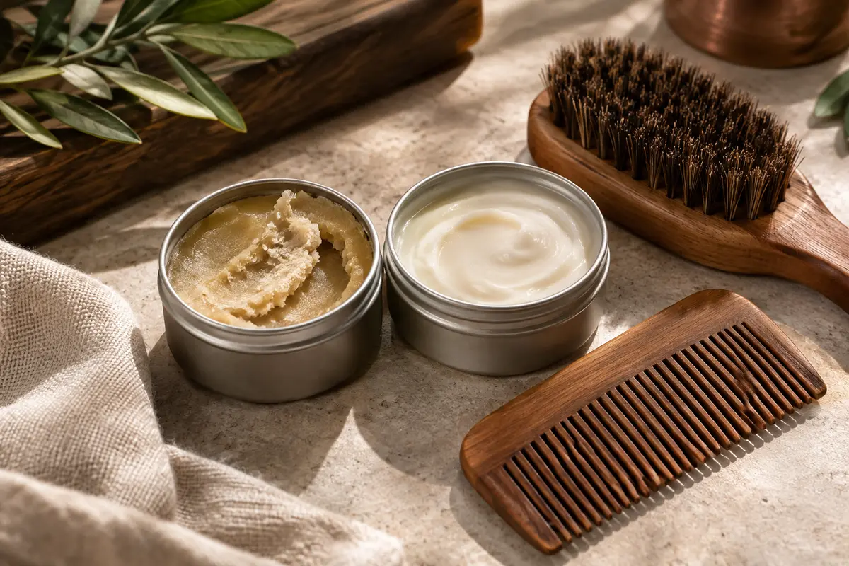 Deux textures de cire pour moustache et barbe présentées près d’un peigne et d’une brosse.
