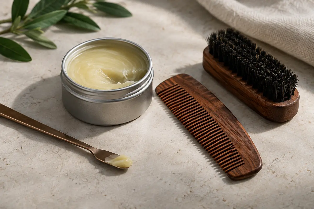 Pot neutre de cire à moustache et peigne fin posés sur une surface claire