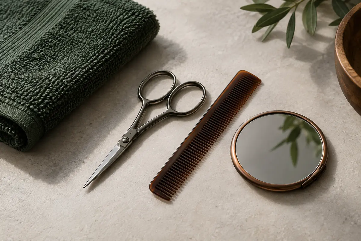 Ciseaux à barbe et peigne fin posés sur une serviette pour une retouche précise de moustache