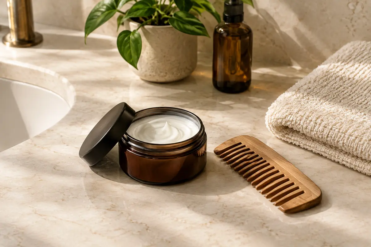 Pot de crème coiffante ouvert, peigne en bois à dents larges et serviette pliée sur un plan en pierre claire.