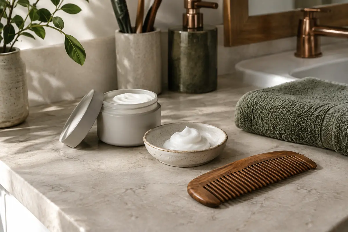 Pot neutre de crème pour barbe et peigne en bois posés sur un plan de salle de bains clair