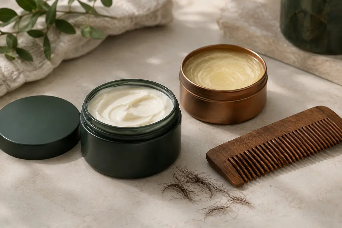 Crème coiffante, cire et peigne en bois réunis pour comparer deux façons de mettre la barbe en forme.