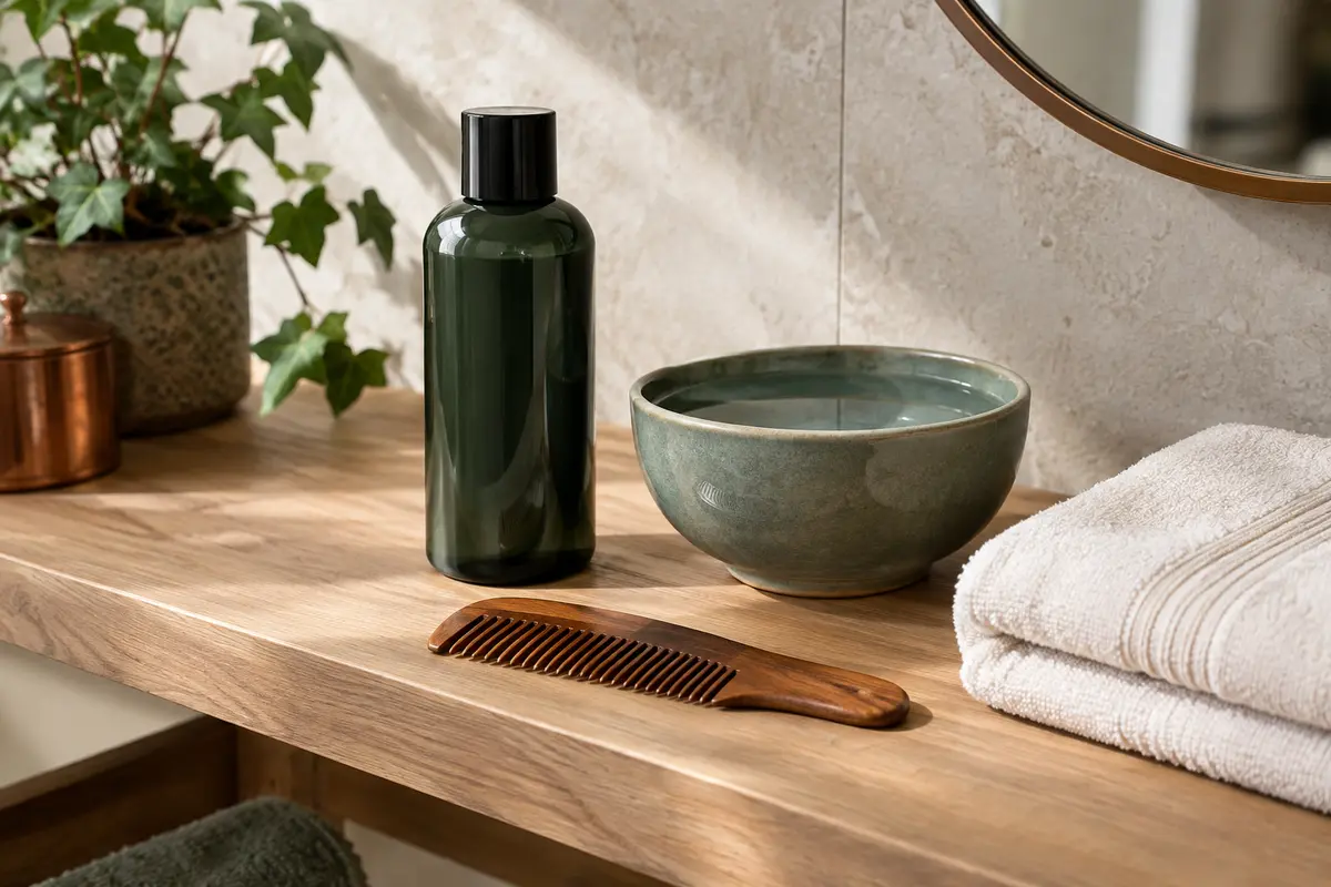 Flacon neutre de shampoing pour barbe, serviette et peigne disposés sur une tablette de toilette