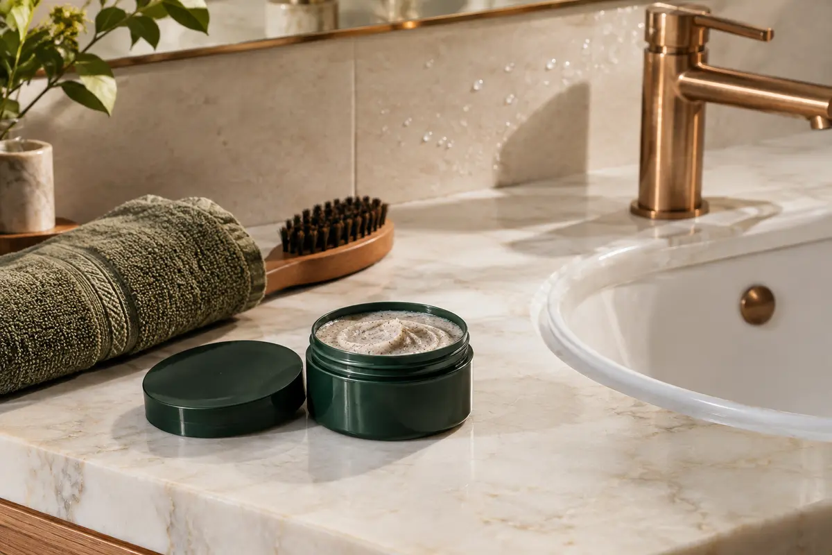 Pot de gommage pour barbe ouvert près d’un lavabo, avec une serviette roulée et une brosse en bois.
