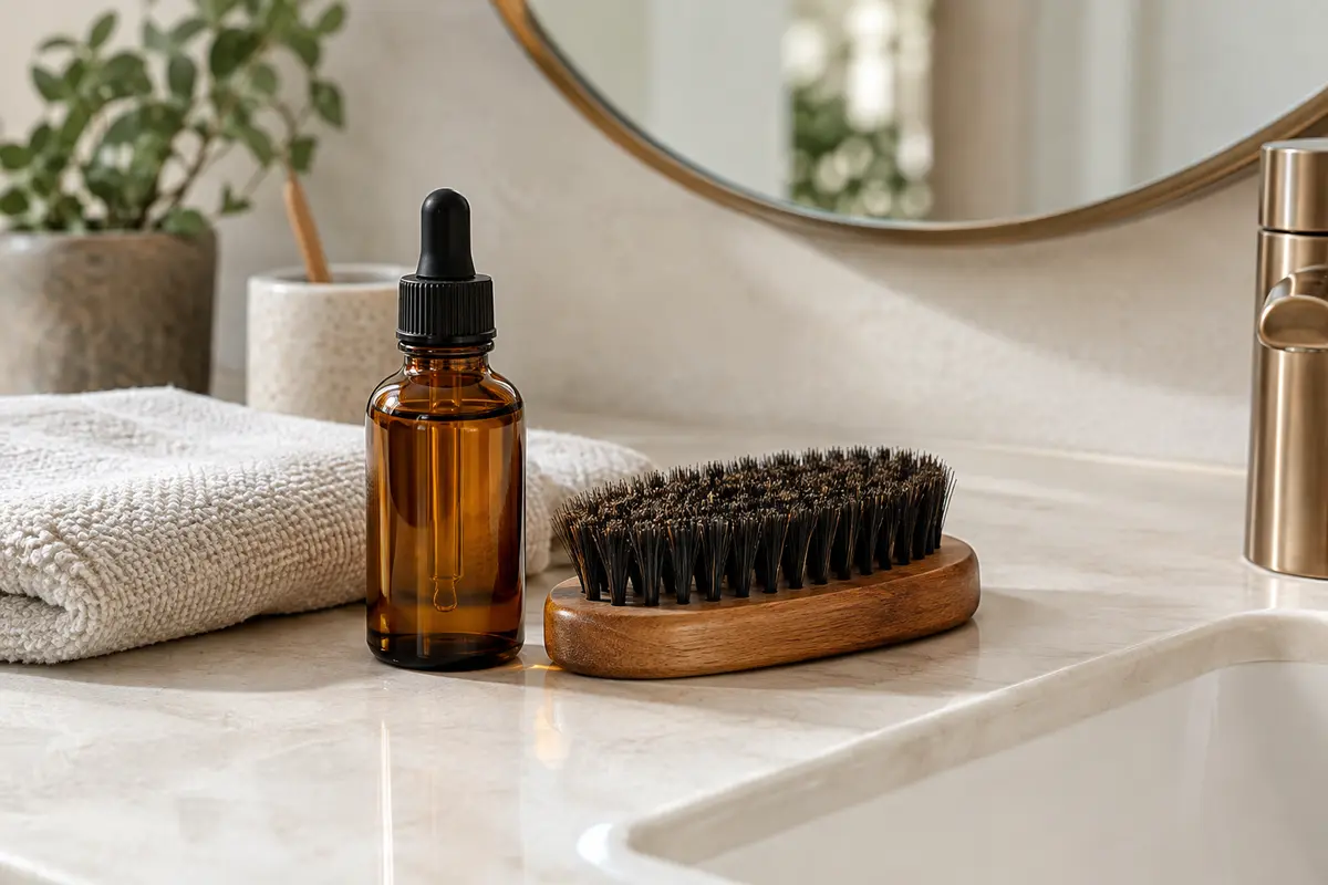 Flacon d’huile sans étiquette et brosse à barbe posés près d’une serviette dans une salle de bains lumineuse.