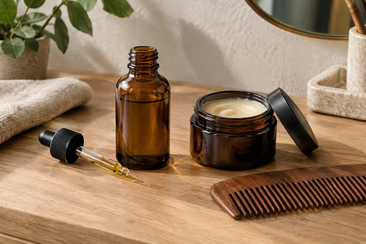 Flacon d’huile à barbe et pot de baume ouverts, avec un peigne sur un plan en bois clair.