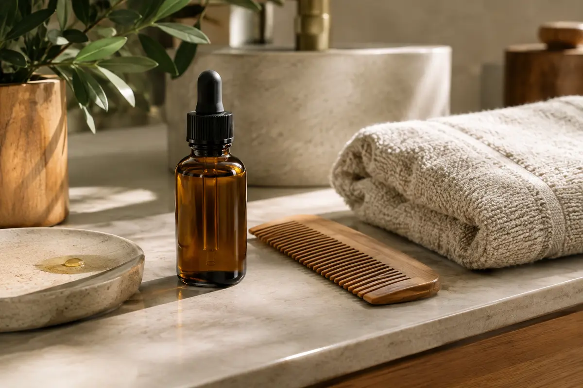 Flacon neutre d’huile à barbe, peigne en bois et serviette dans une salle de bain lumineuse
