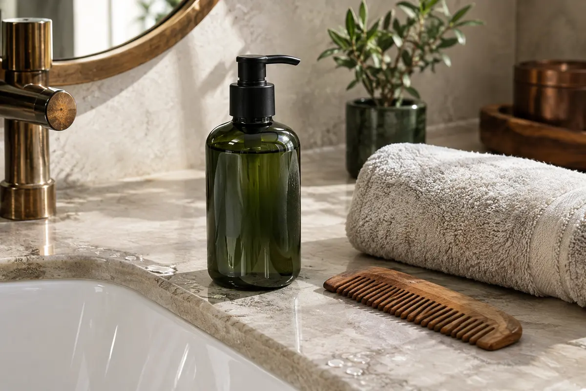 Flacon de shampoing pour barbe, serviette et peigne près d’un lavabo après un lavage