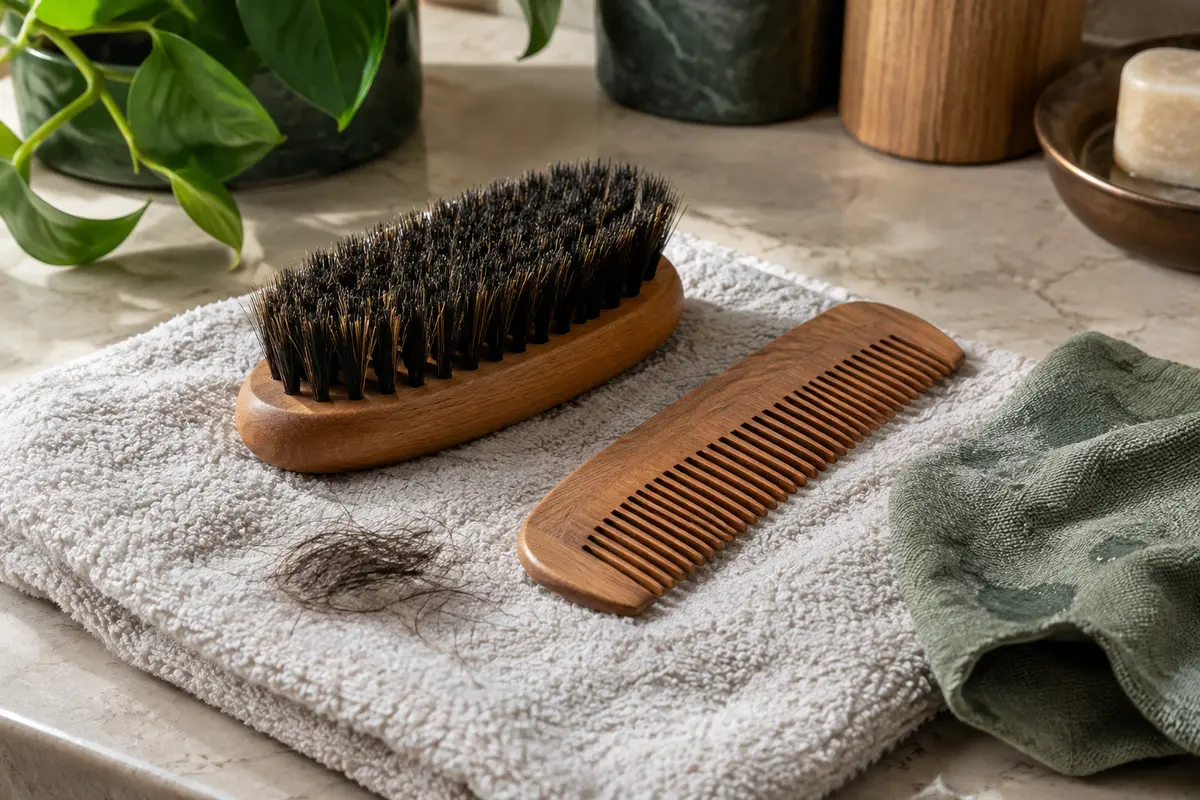 Brosse à barbe en bois et peigne posés sur une serviette après leur nettoyage