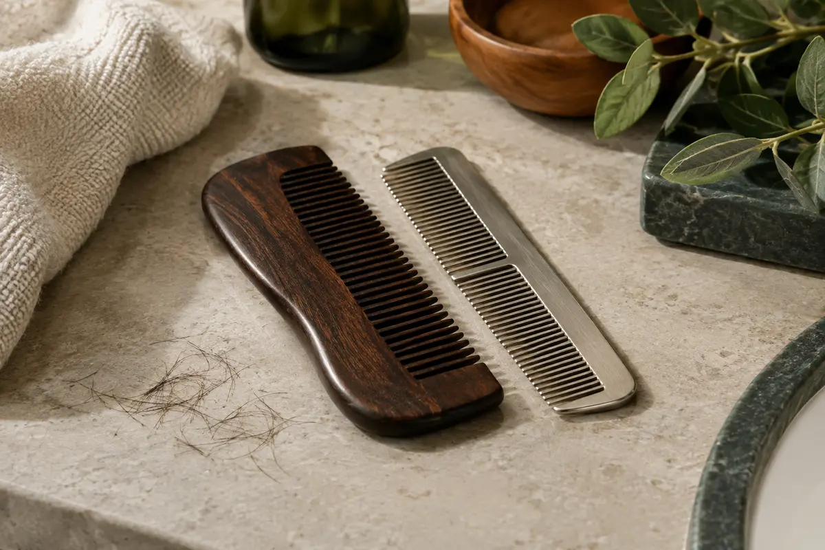 Peignes à barbe en bois et en métal posés côte à côte pour comparer leur forme et leurs dents
