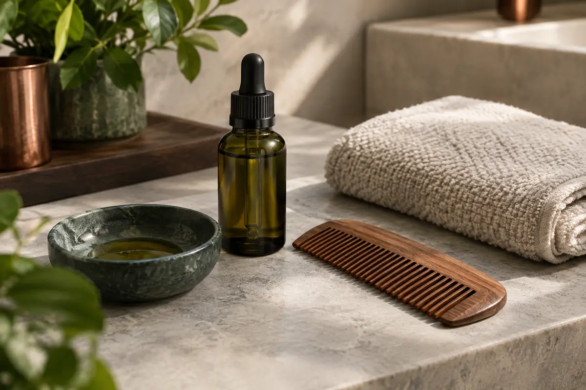 Flacon compte-gouttes et peigne à barbe disposés près d’une serviette pour illustrer un dosage mesuré