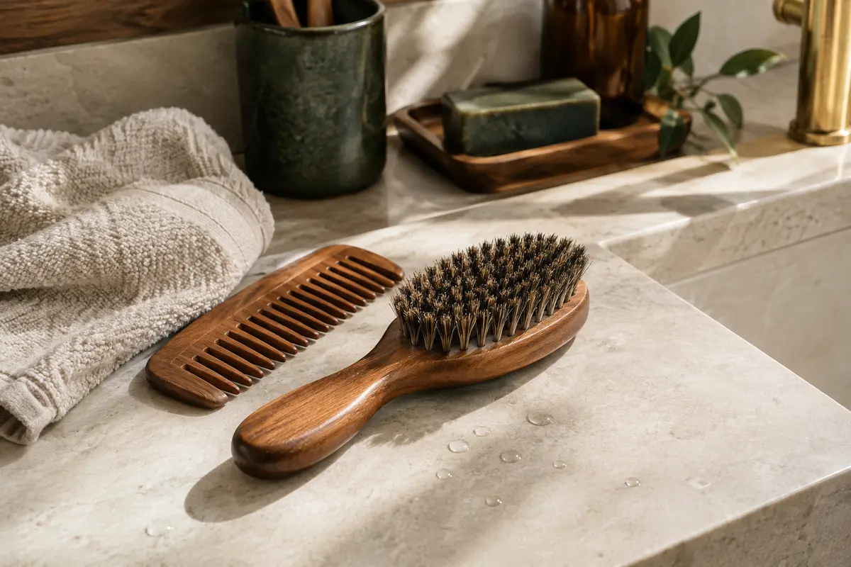 Brosse à barbe en bois, peigne et serviette réunis sur un lavabo pour illustrer le rituel de brossage.