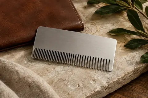 Peigne plat en acier inoxydable argenté au format carte bancaire, posé sur une pierre claire contre un portefeuille en cuir brun.