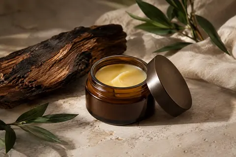 Baume pour barbe dans un contenant sobre, posé sur une pierre claire avec sa texture visible