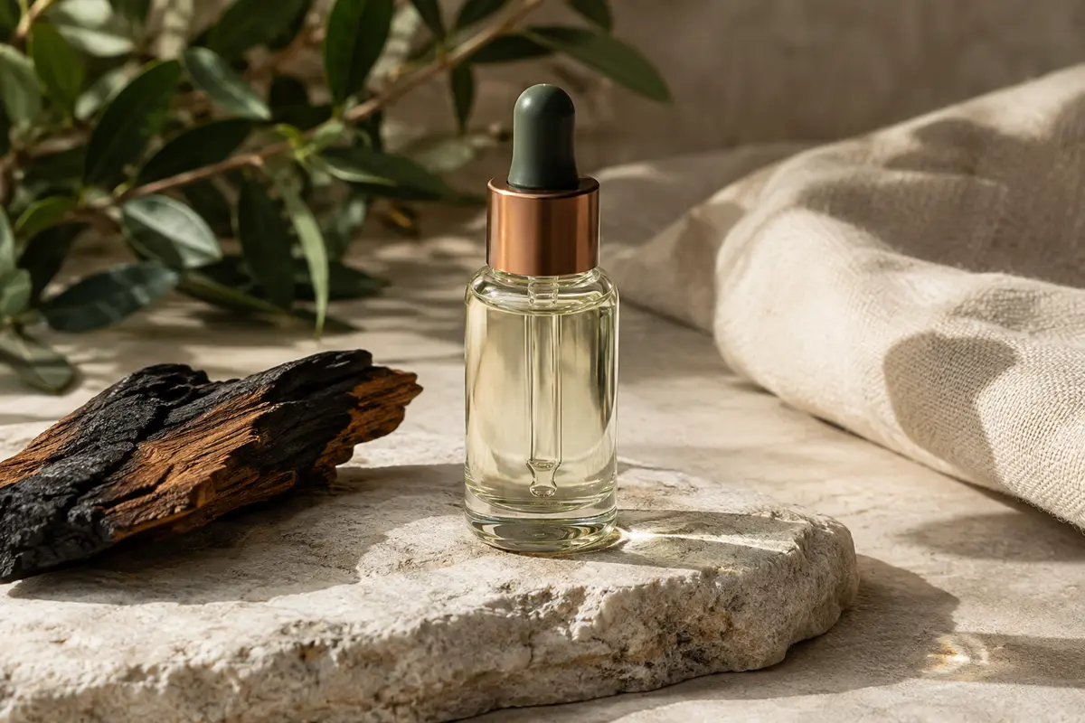 Flacon de sérum à barbe au contenu limpide posé sur une pierre claire près d’une toile écrue.
