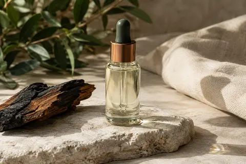 Flacon de sérum à barbe au contenu limpide posé sur une pierre claire près d’une toile écrue.