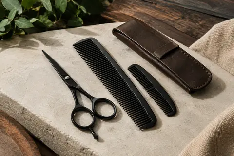 Ciseaux noirs à barbe et moustache avec deux peignes et étui posés sur une pierre claire