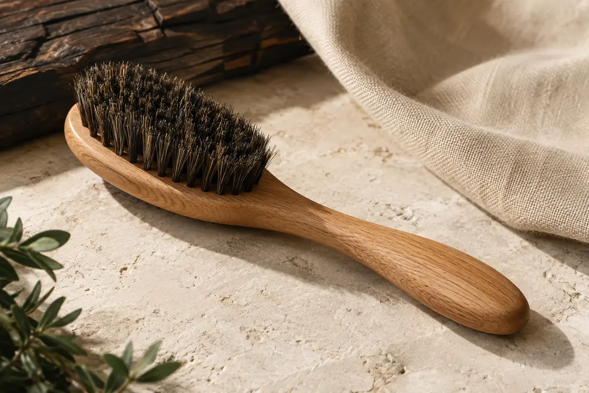 Brosse à barbe en bois de hêtre marron clair et poils naturels de sanglier sur une pierre claire.
