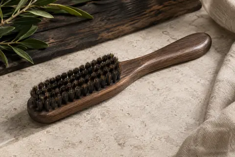 Brosse à barbe à poignée avec six rangées de poils de sanglier sur une pierre claire