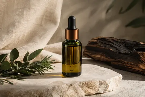 Huile à barbe posée sur une pierre claire, près d’une toile écrue et de bois fumé.