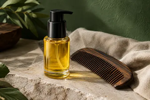 Flacon à pompe d’huile à barbe jaune doré posé sur une pierre claire près d’un peigne en bois.