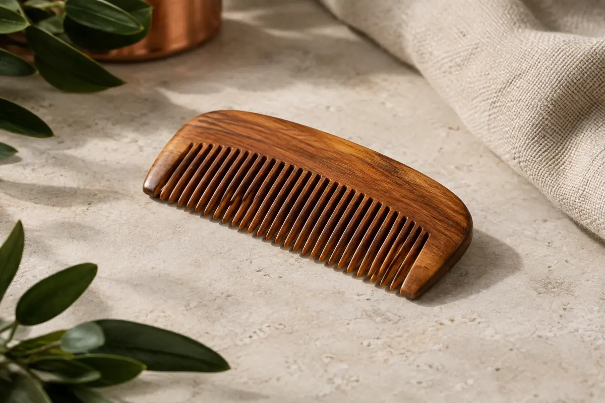 Peigne à barbe brun en bois de pêche posé sur une surface de pierre claire, dans un décor sobre et lumineux.
