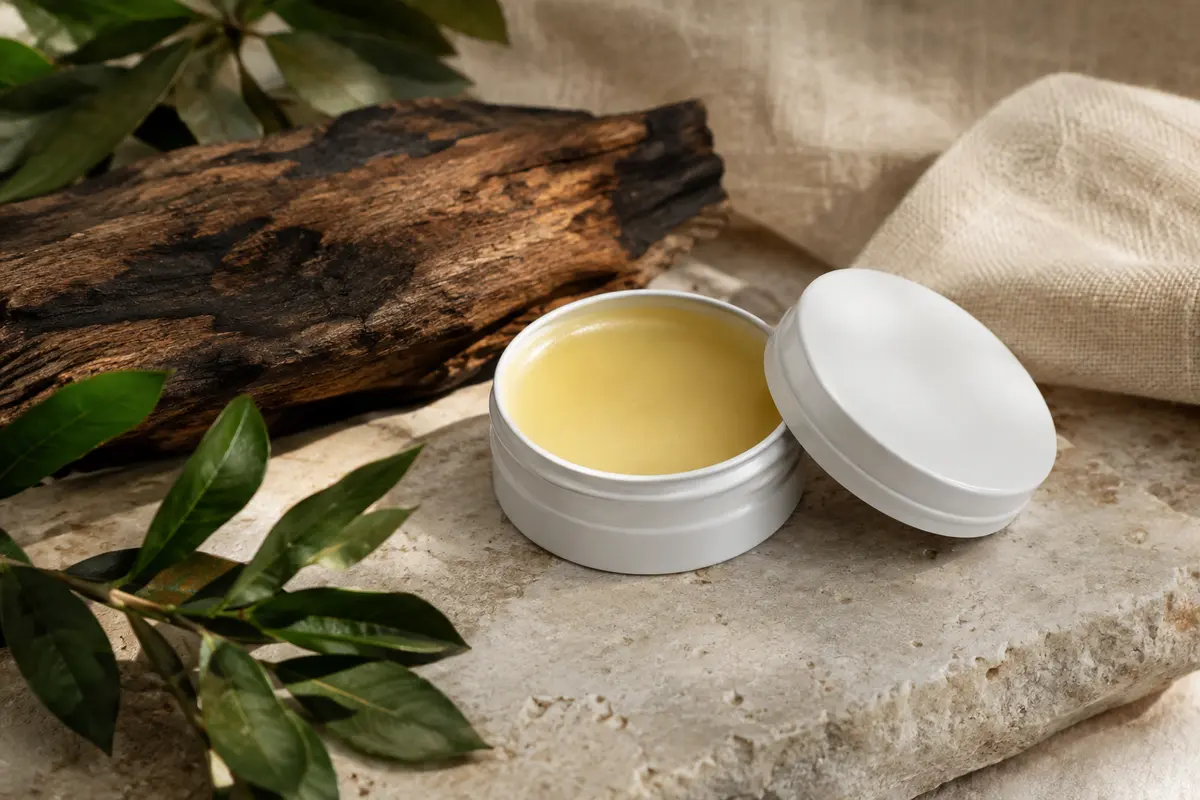 Contenant blanc de baume à barbe présenté sur une pierre claire avec du bois fumé et une toile écrue