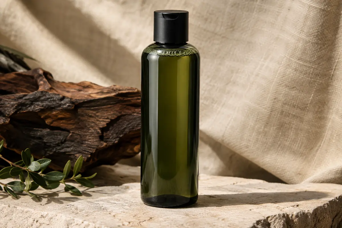 Flacon de nettoyant liquide 2 en 1 pour barbe et visage posé sur une pierre claire