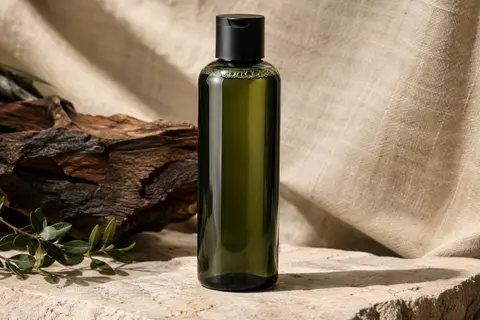 Flacon de nettoyant liquide 2 en 1 pour barbe et visage posé sur une pierre claire