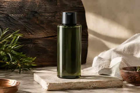 Flacon de shampoing-soin liquide pour barbe posé sur une pierre claire, avec bois fumé et toile écrue en arrière-plan.
