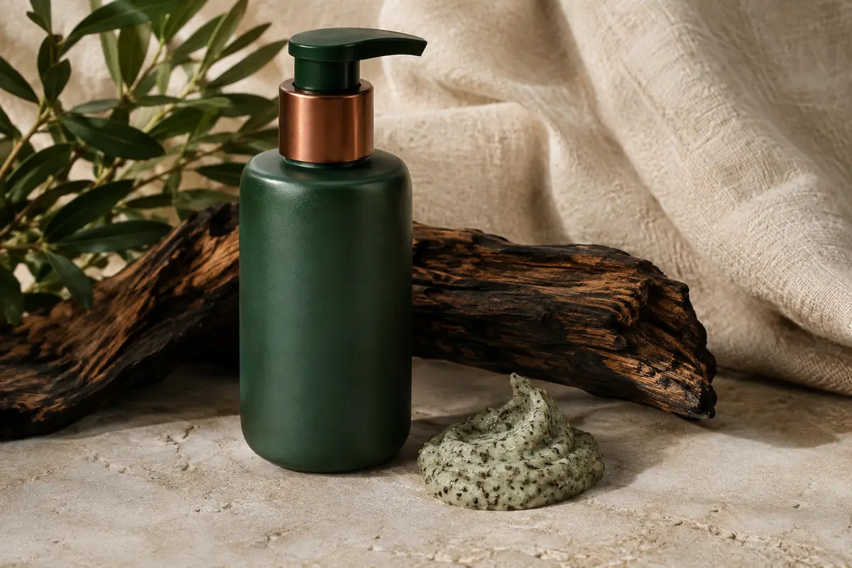 Flacon de pâte exfoliante lavante pour barbe posé sur une pierre claire avec une touche de produit granuleux