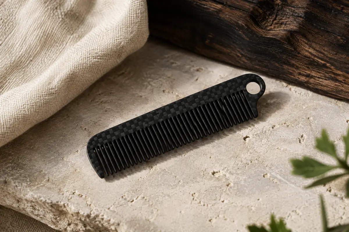 Peigne de poche noir en fibre de carbone à dents fines et boucle d’extrémité, posé sur une pierre claire.