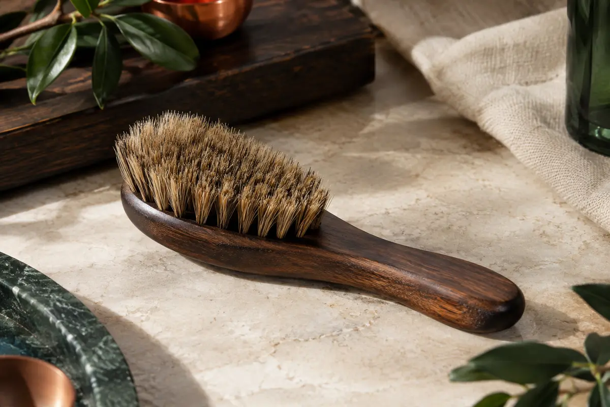 Brosse à barbe Cremo noire en sisal naturel et bois, posée sur une pierre claire.