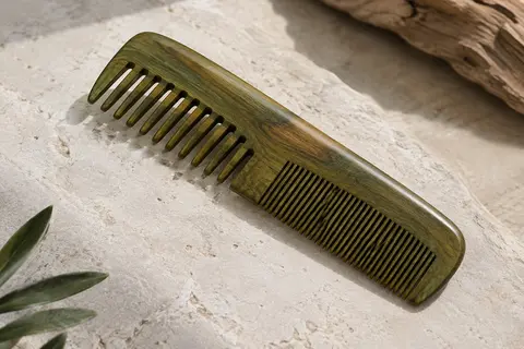 Peigne de barbe en bois de santal vert posé sur une pierre claire, avec deux dentures distinctes