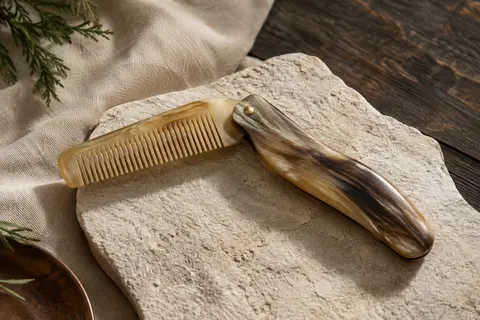 Peigne pliable en corne de yak beige, ouvert, posé seul sur une pierre claire.