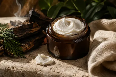 Crème fouettée pour barbe présentée sur une pierre claire, avec du bois fumé et une toile écrue.