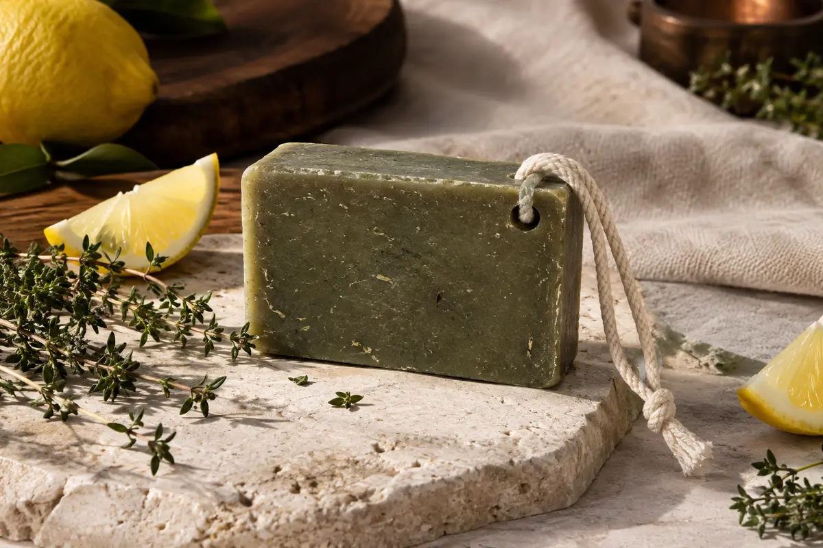 Savon solide pour barbe et moustache avec cordon de suspension, posé sur une pierre claire près de citron et de thym