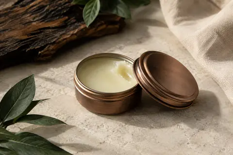 Boîte ouverte de baume conditionneur pour barbe posée sur une pierre claire, dans un décor aux tons naturels.