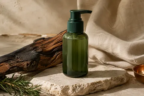 Shampoing liquide vert pour barbe posé sur une pierre claire près de bois fumé et de toile écrue
