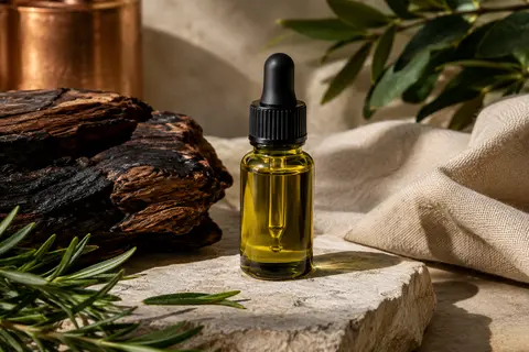 Petit flacon neutre d’huile à barbe présenté sur une pierre claire avec du bois fumé et une toile écrue.