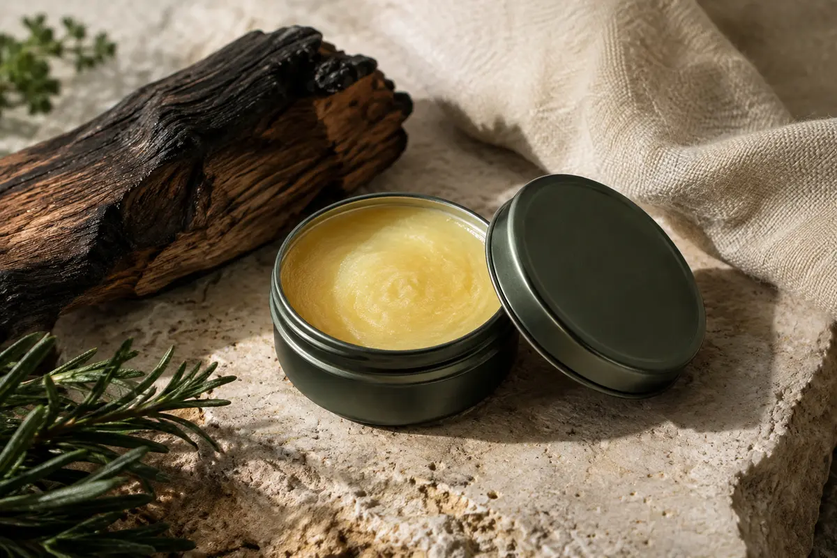 Baume à barbe dans un contenant sobre, posé sur une pierre claire avec du bois fumé et une toile écrue.
