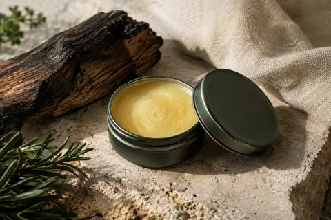 Baume à barbe dans un contenant sobre, posé sur une pierre claire avec du bois fumé et une toile écrue.