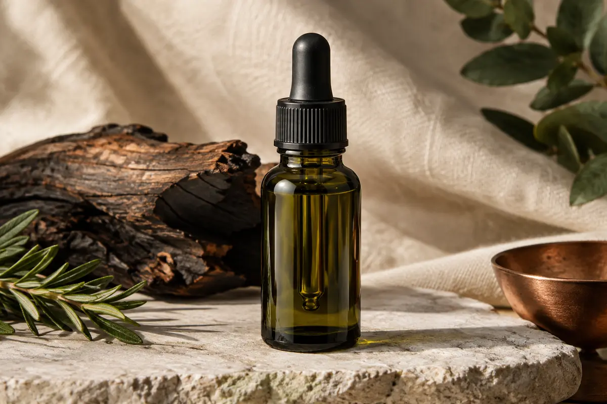 Petit flacon d’huile à barbe posé sur une pierre claire, près de bois fumé et d’une toile écrue.