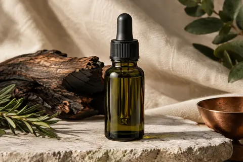 Petit flacon d’huile à barbe posé sur une pierre claire, près de bois fumé et d’une toile écrue.